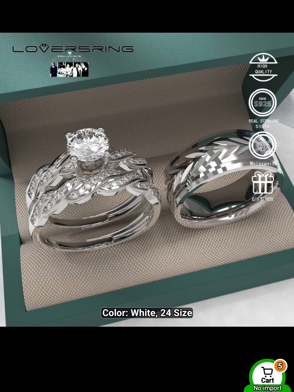 White Sterling Silver Bridal Ring Set with Moissanite Center